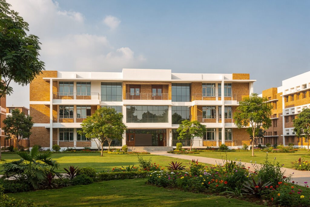 School campus building with green lawns